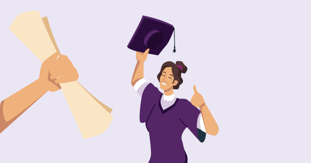 Illustration of a young woman posing with a thumbs up and holding a graduation cap.