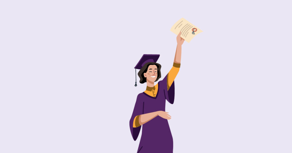 Illustration of a young woman smiling and holding her graduate certificate.