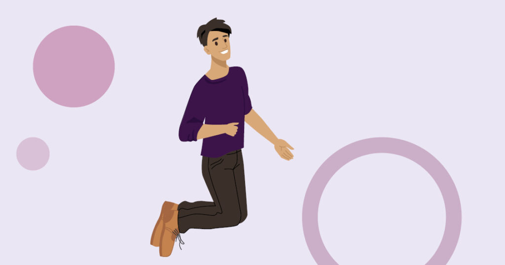 Illustration of a young man smiling whilst jumping.