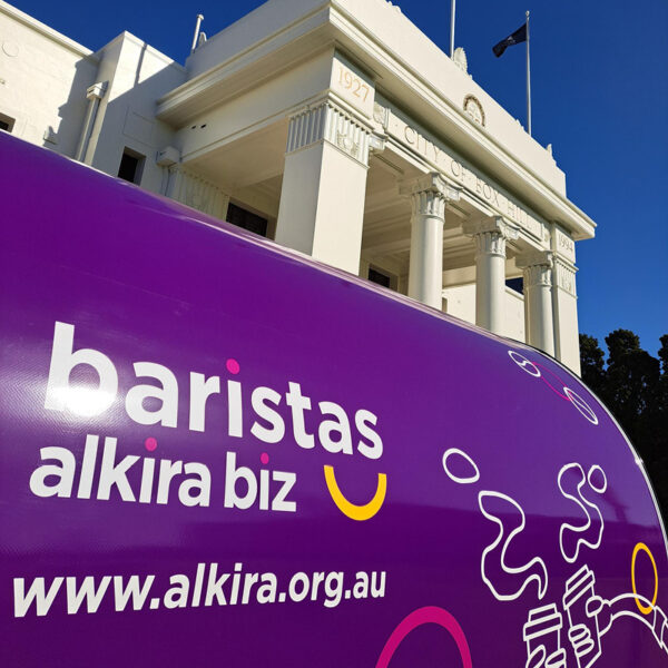 Photo of Alkira's purple coffee trailer