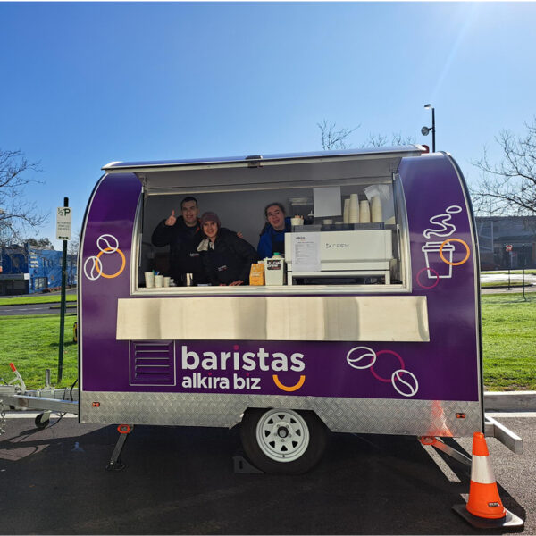 A photo of participants in the Alkira coffee trailer.