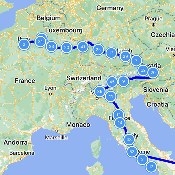 A map of the route Peter Harrison took from Rome to Paris cycling.