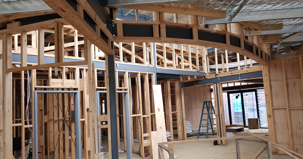Timber support structures during the build for Springfield centre.