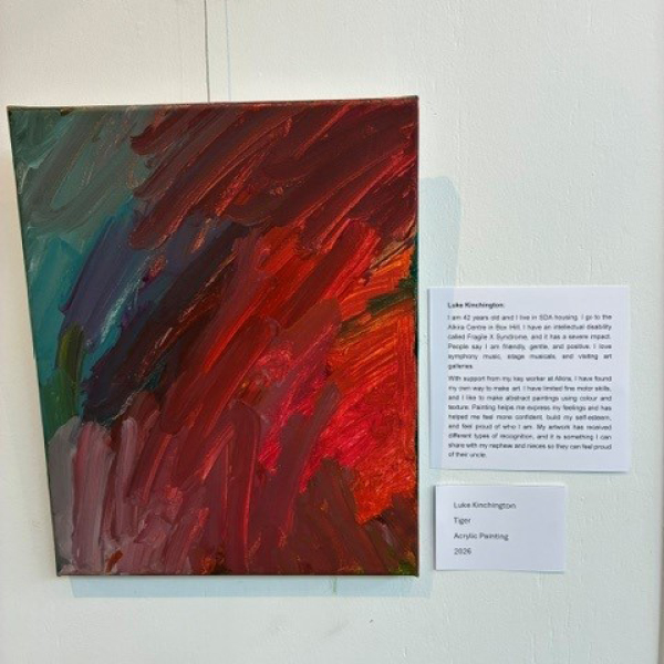 A close up photo of ones of Luke's artworks as it was displayed in the gallery for the Voices of Art exhibition